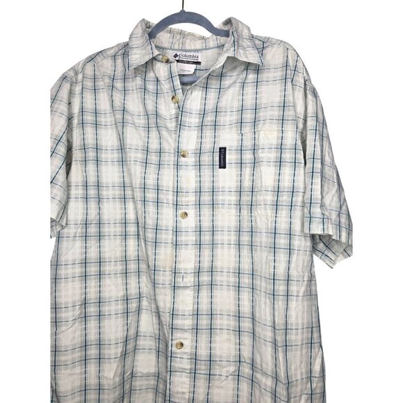 Columbia Mens XL White Blue Cotton Short Sleeve Button Fishing Hiking Shirt - Picture 5 of 16